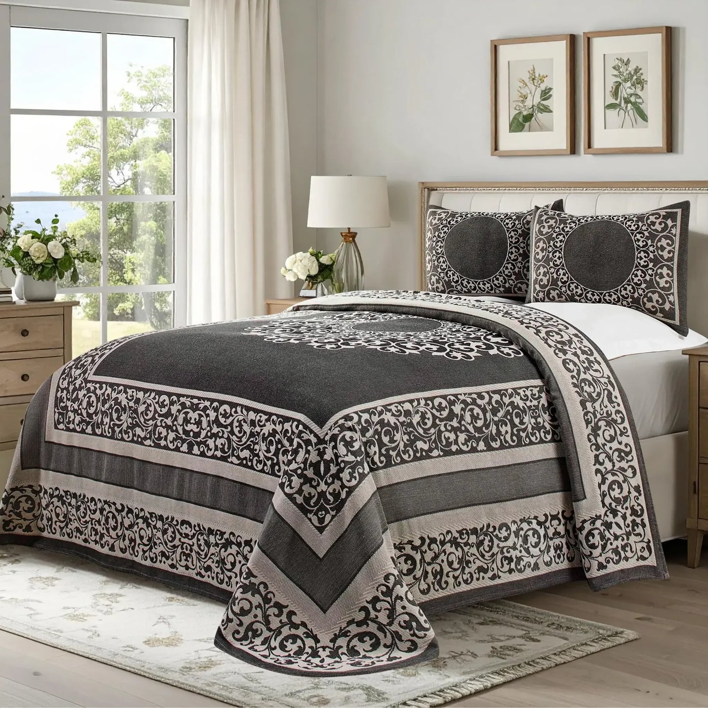Lyron Cotton Blend Woven Jacquard Floral Scroll Bedspread Set