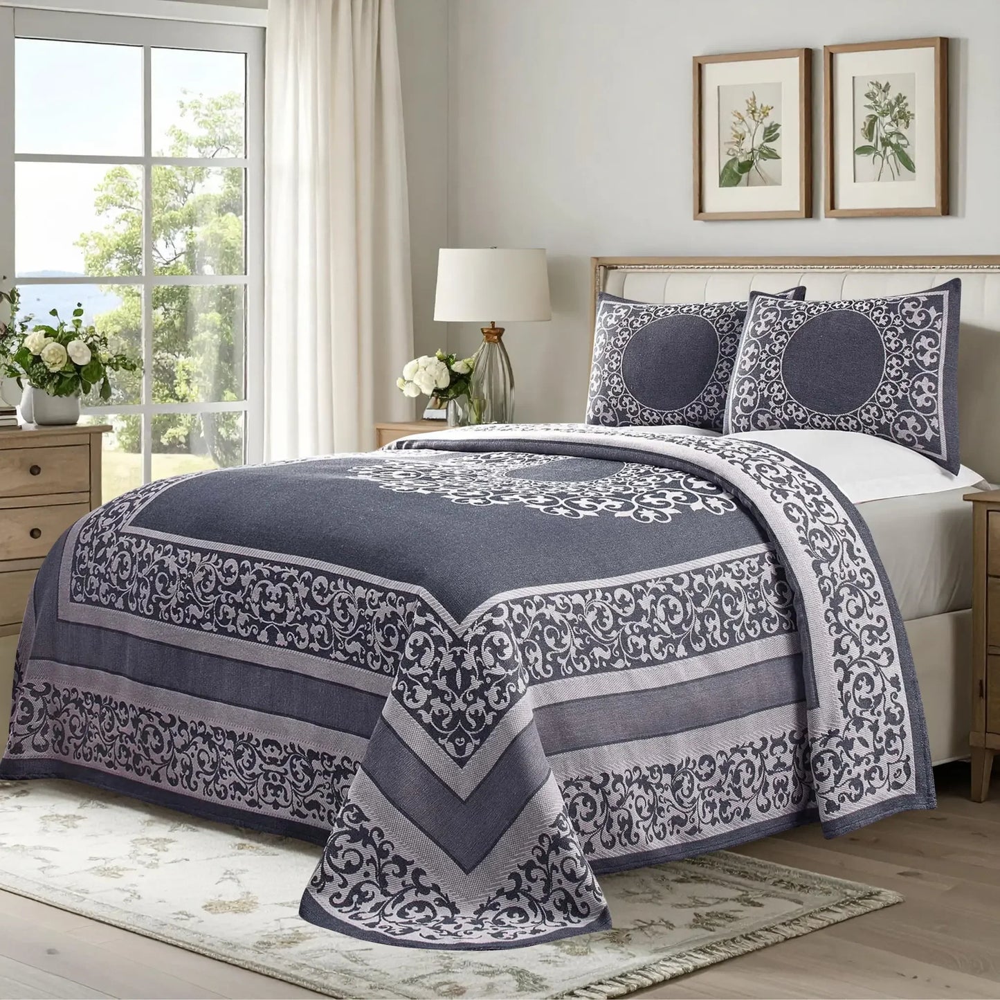 Lyron Cotton Blend Woven Jacquard Floral Scroll Bedspread Set