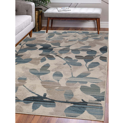 Superior Mahonia Leaf and Vine Indoor Area Rug or Runner  -Cream-Blue