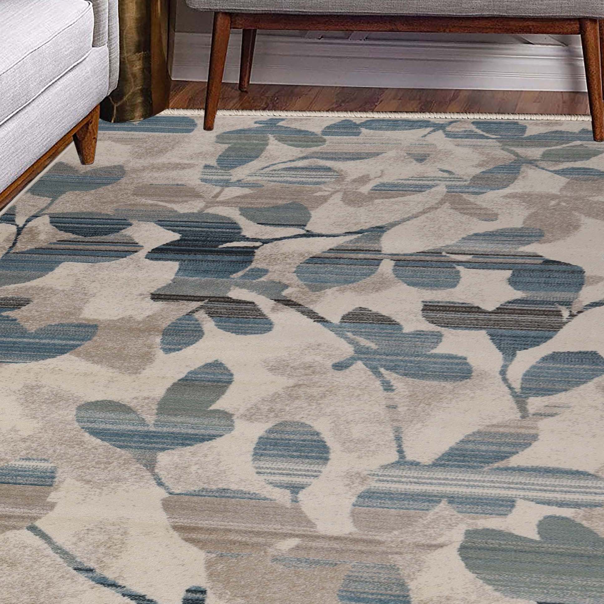 Superior Mahonia Leaf and Vine Indoor Area Rug or Runner - Cream-Blue