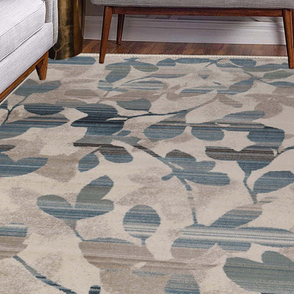 Superior Mahonia Leaf and Vine Indoor Area Rug or Runner - Cream-Blue