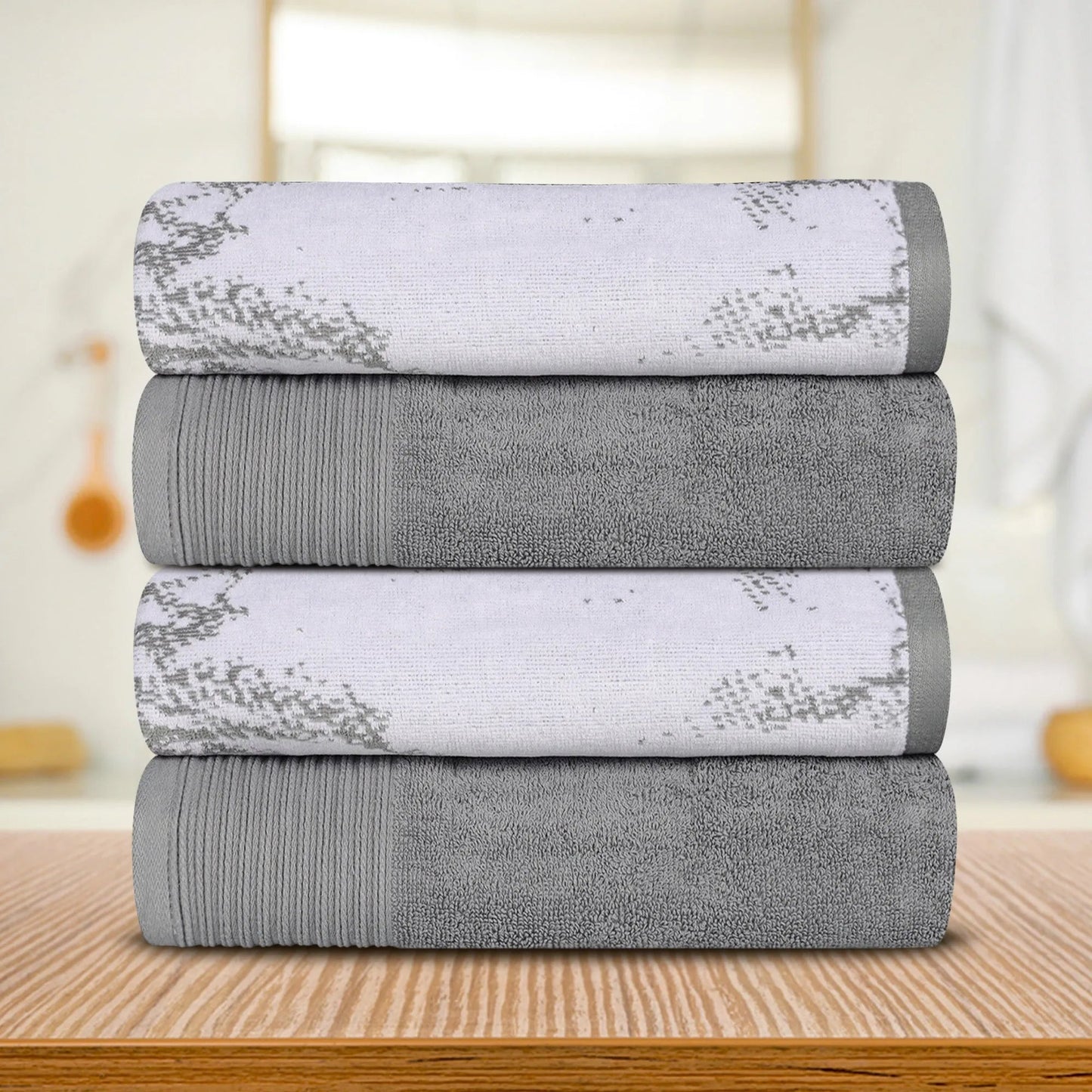 Cotton Marble Solid Jacquard Border Bath Towels Set of 4