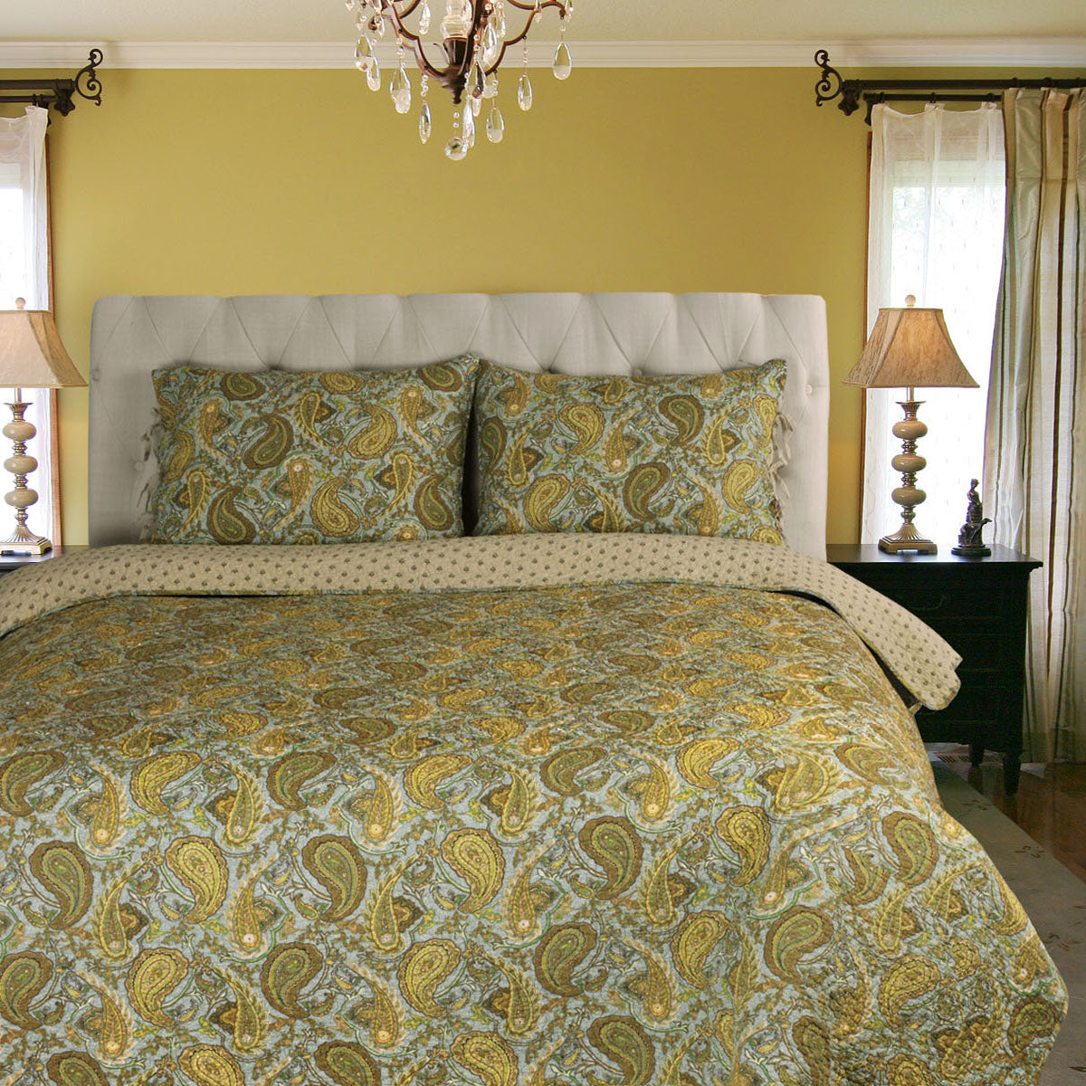 Reversible Morrocan Paisley Cotton Quilt Set - Green