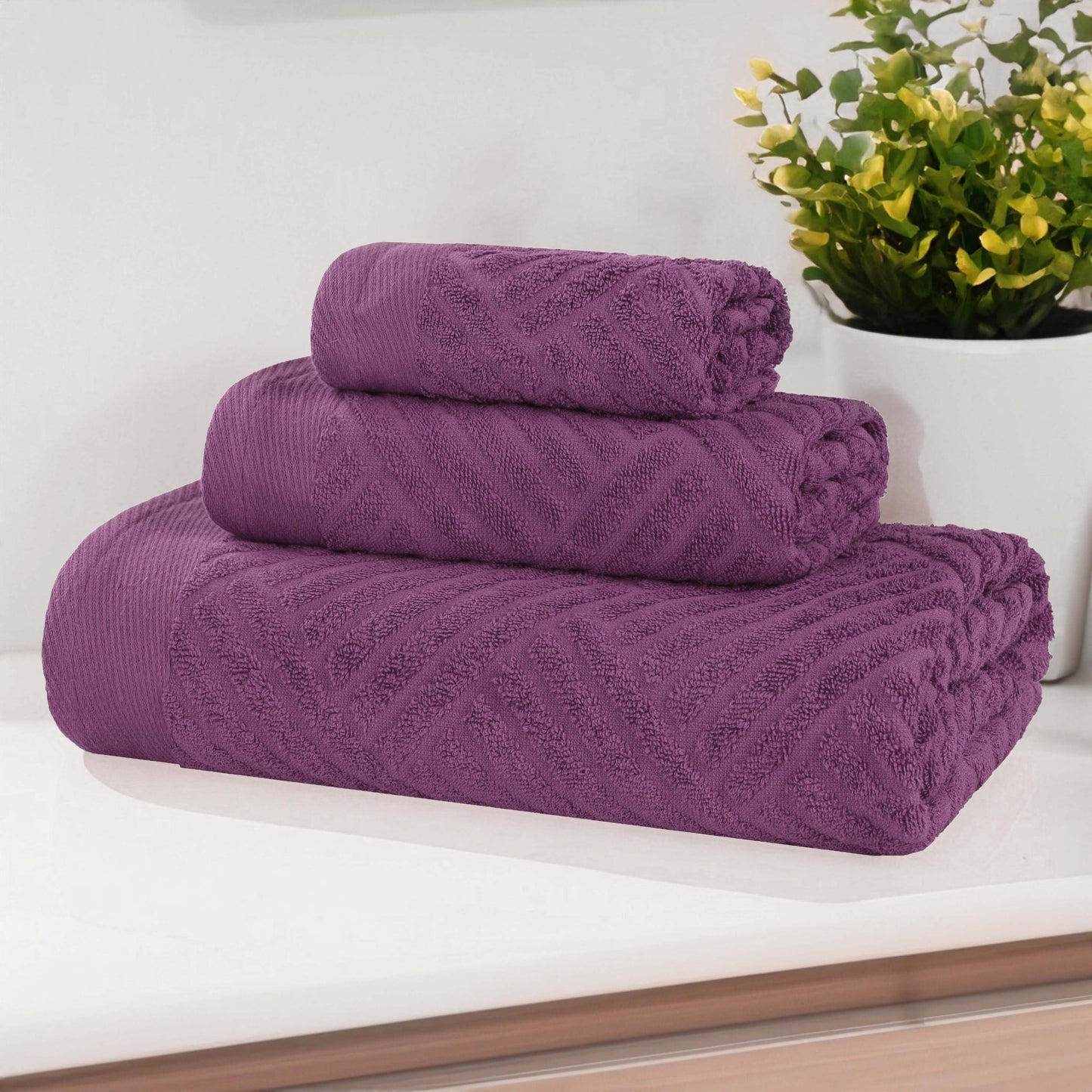 Basketweave Egyptian Cotton Jacquard 3 Piece Assorted Towel Set - MajesticPurple