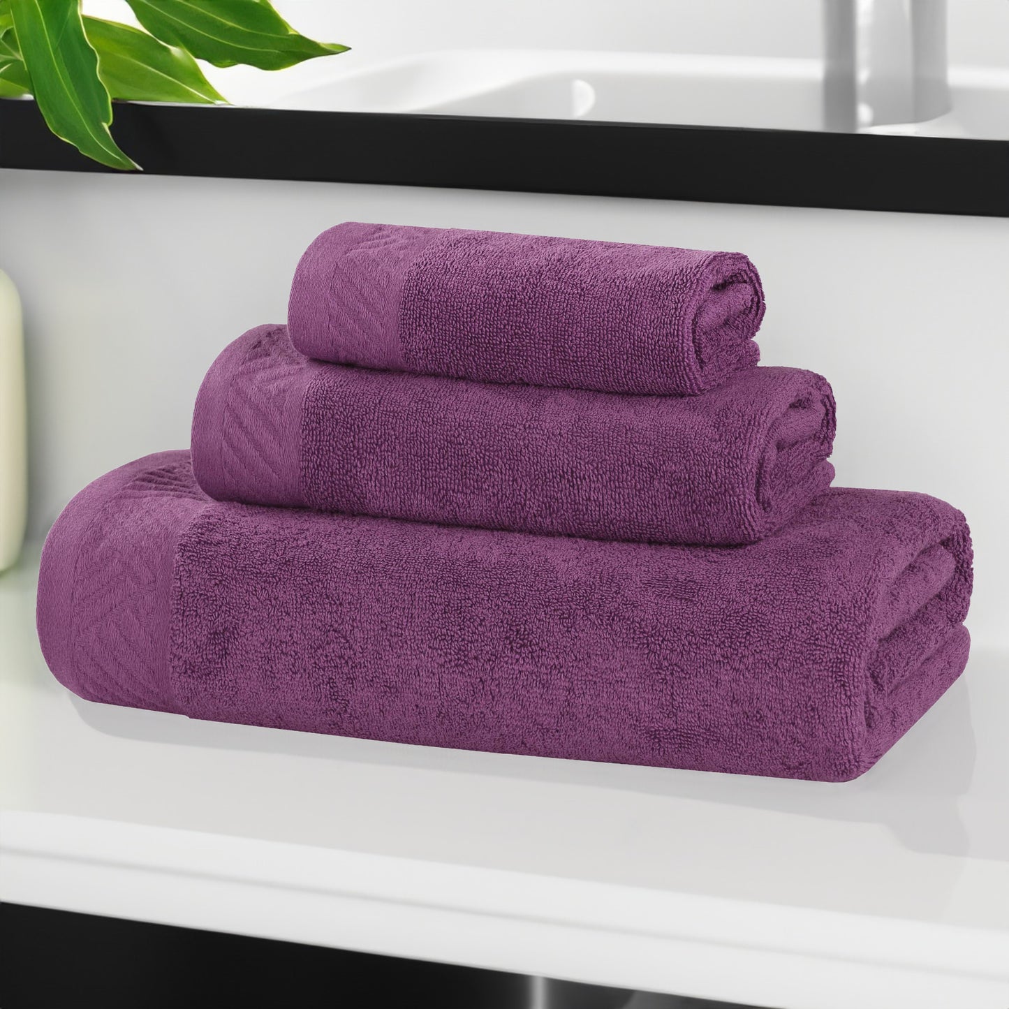 Basketweave Egyptian Cotton Solid 3 Piece Assorted Towel Set - MajesticPurple