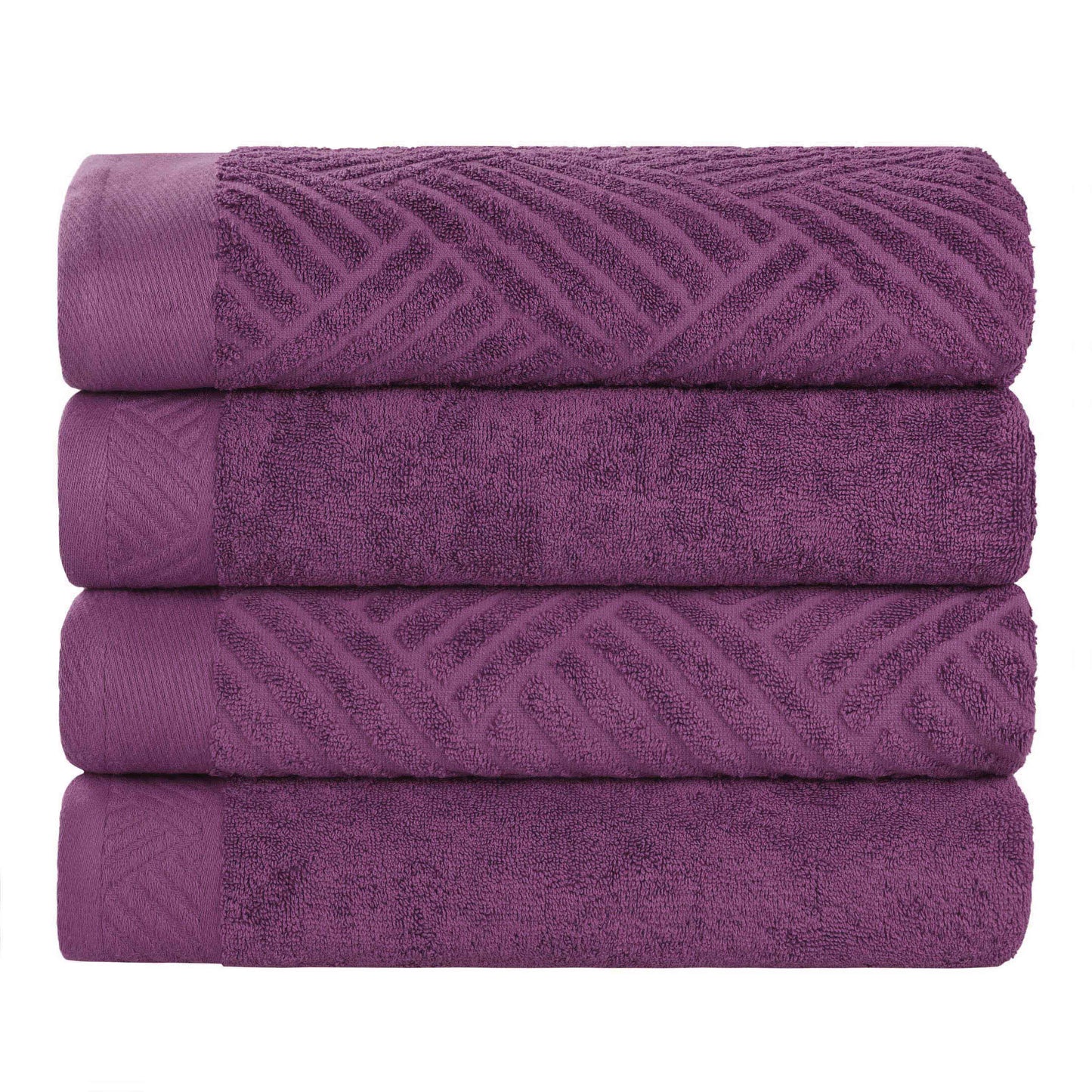 Basketweave Egyptian Cotton Jacquard and Solid Bath Towel Set of 4 - MajesticPurple