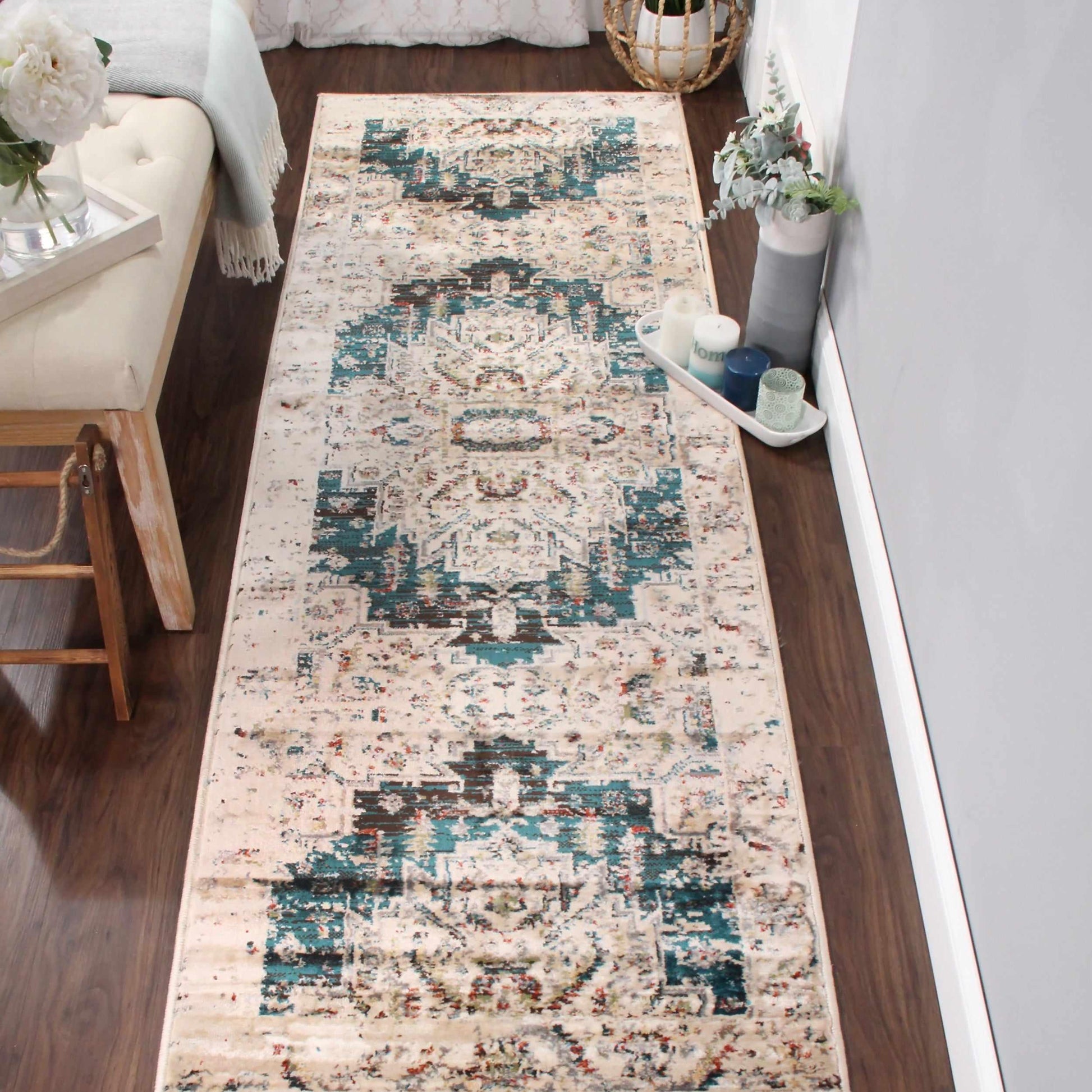 Superior Marquis Modern Farmhouse Medallion Indoor Area Rug or Runner Rug - Teal