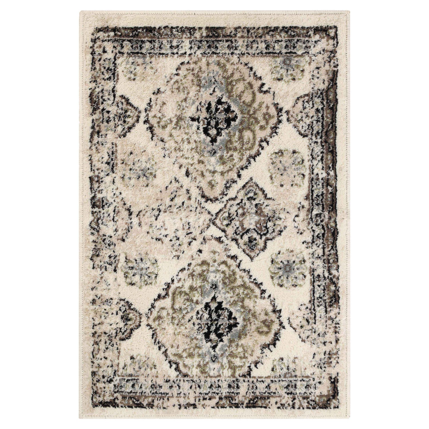 Mayfair Distressed Damask Indoor Area Rug or Runner Rug Or Door Mat - Ivory