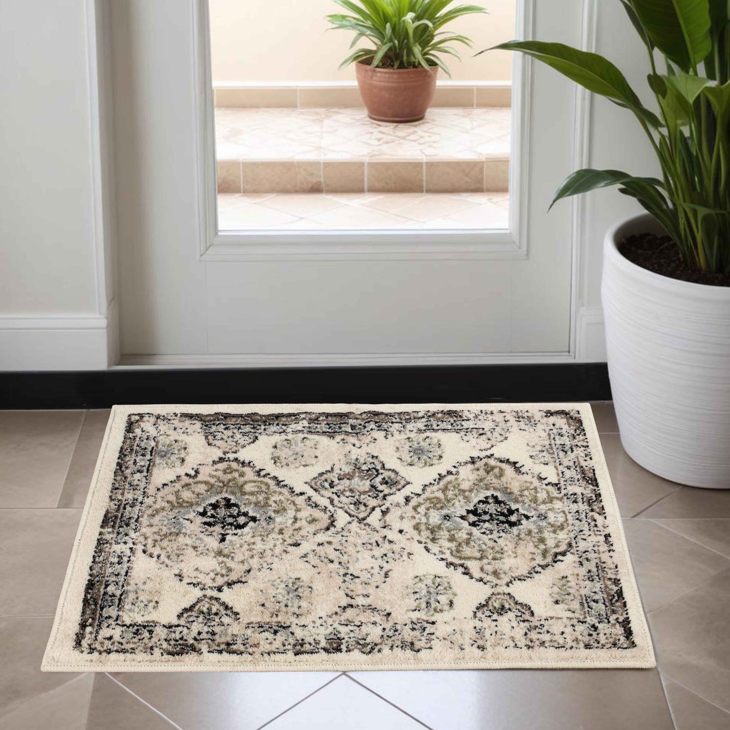 Mayfair Distressed Damask Indoor Area Rug or Runner Rug Or Door Mat - Ivory