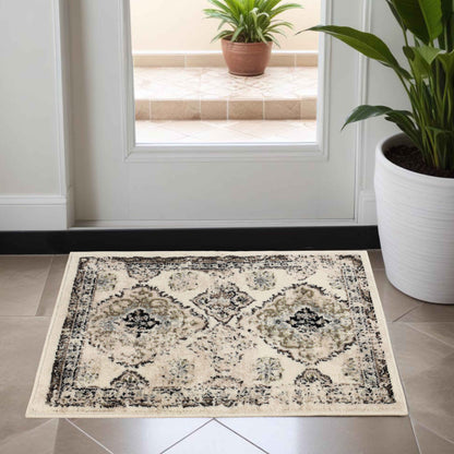 Mayfair Distressed Damask Indoor Area Rug or Runner Rug Or Door Mat - Ivory