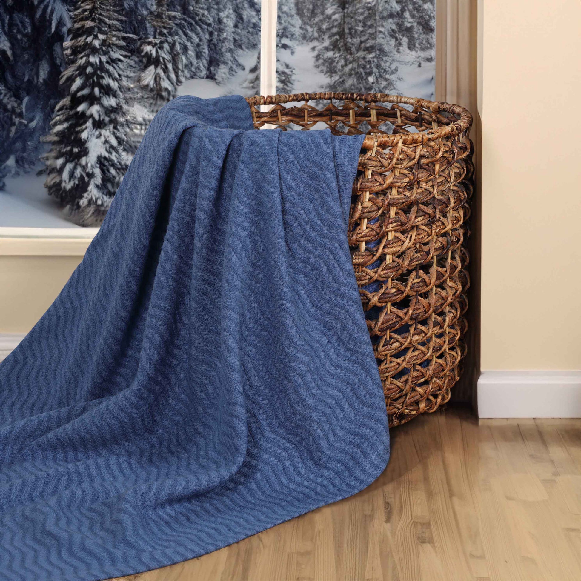 Jena Cotton Textured Chevron Lightweight Woven Blanket - MediumBlue