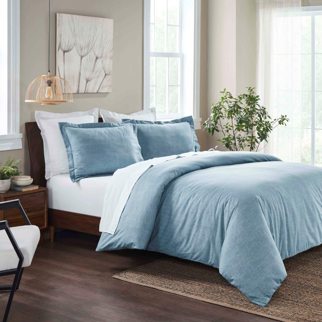 Melange Flannel Cotton Two-Toned Textured Duvet Cover Set - Blue 