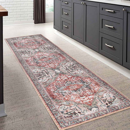 Mesa Rustic Medallion Border Washable Indoor Area Rug or Runner Rug - Brown