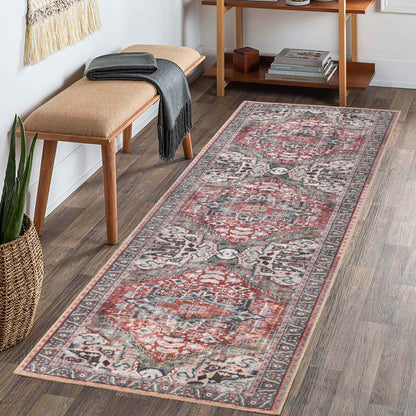 Mesa Rustic Medallion Border Washable Indoor Area Rug or Runner Rug - Brown