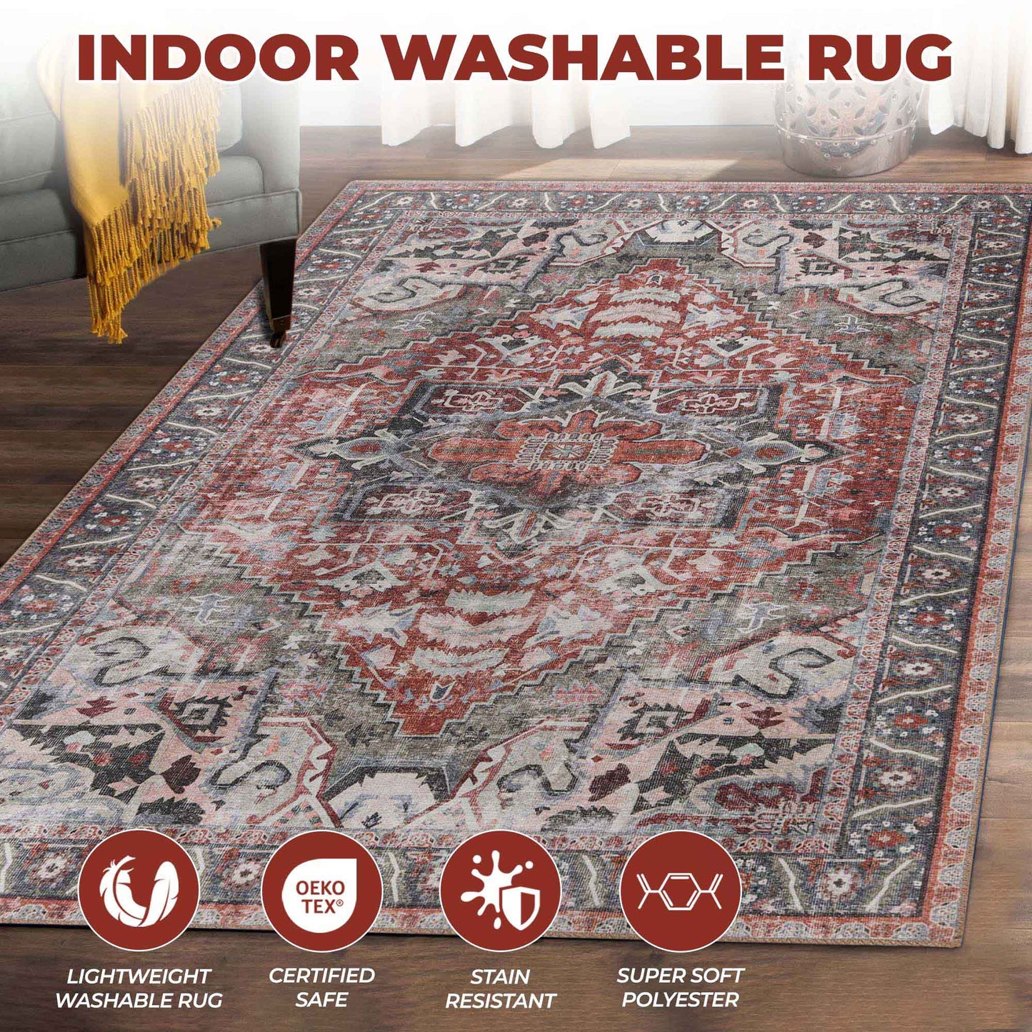 Mesa Rustic Medallion Border Washable Indoor Area Rug or Runner Rug - Brown