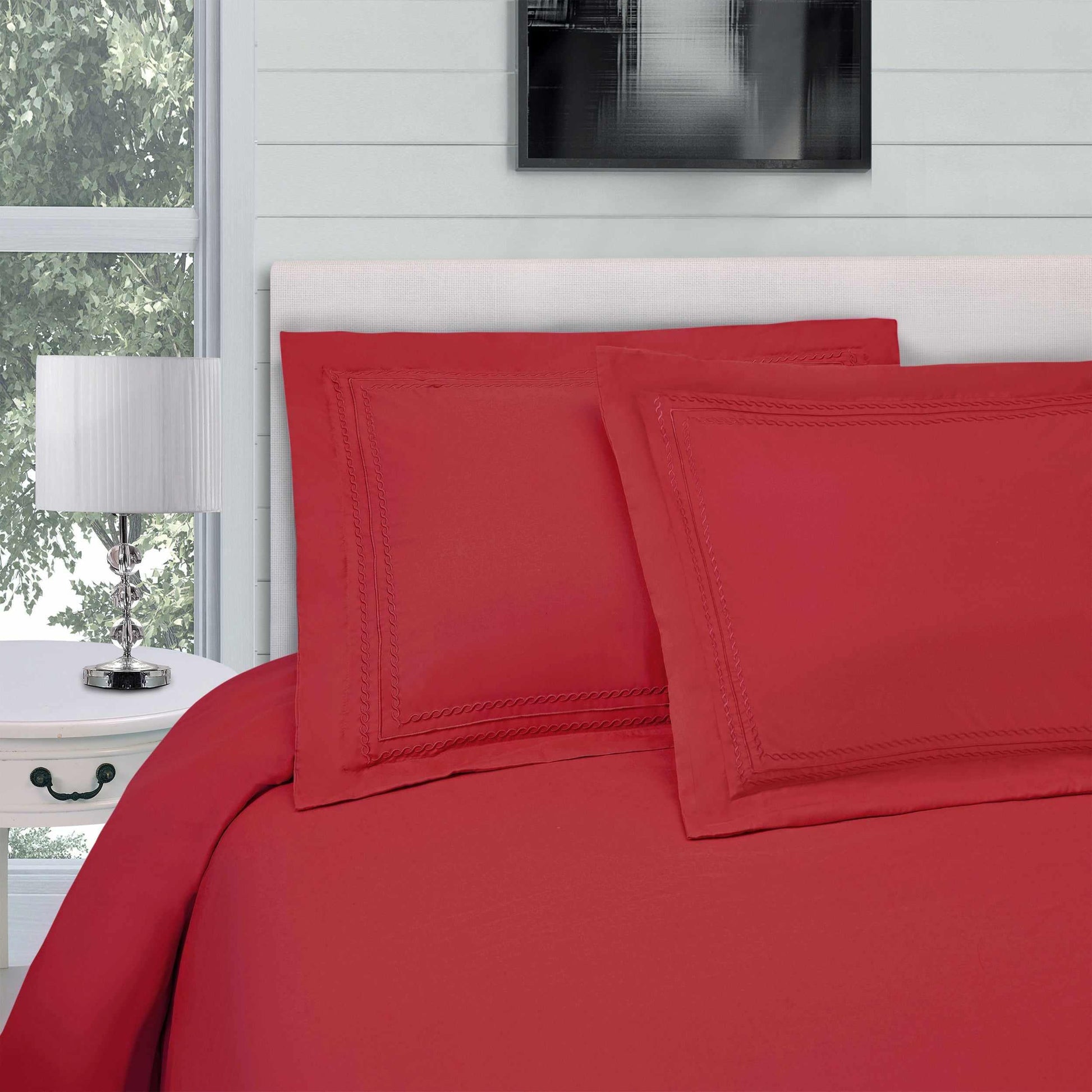 Superior Microfiber Wrinkle-Free and Breathable Solid Infinity Embroidery Duvet Cover Set - Red