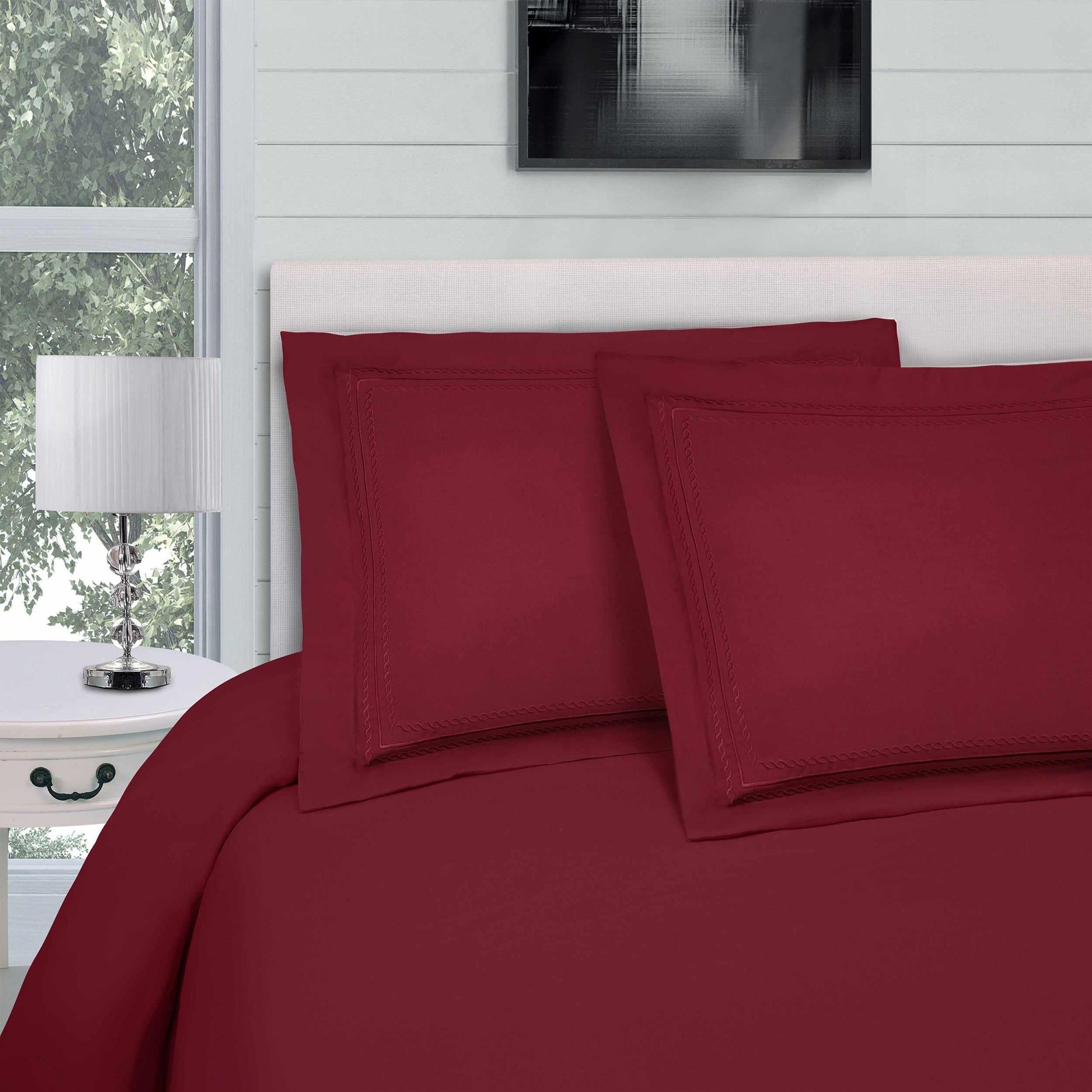 Superior Microfiber Wrinkle-Free and Breathable Solid Infinity Embroidery Duvet Cover Set - Bergandy