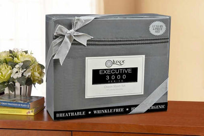  Superior Microfiber Wrinkle Resistant and Breathable Solid 2-Line Embroidery Deep Pocket Bed Sheet Set - Charcoal