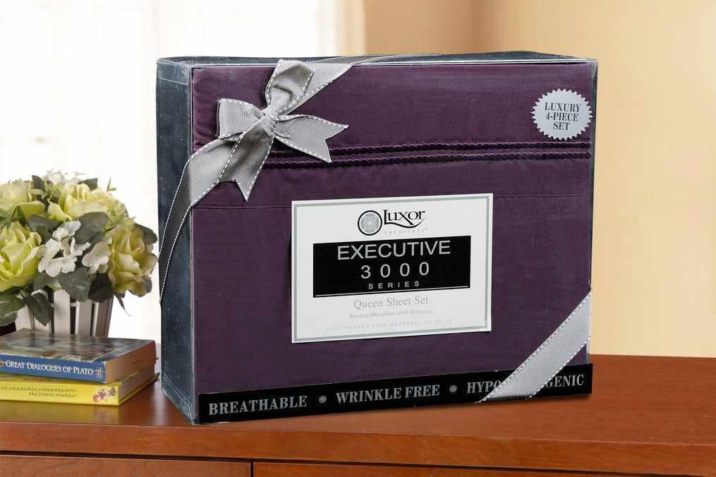  Superior Microfiber Wrinkle Resistant and Breathable Solid 2-Line Embroidery Deep Pocket Bed Sheet Set - Plum