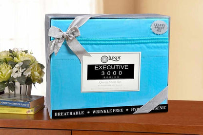  Superior Microfiber Wrinkle Resistant and Breathable Solid 2-Line Embroidery Deep Pocket Bed Sheet Set - Aqua