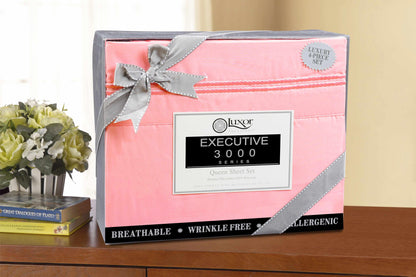  Superior Microfiber Wrinkle Resistant and Breathable Solid 2-Line Embroidery Deep Pocket Bed Sheet Set - Pink