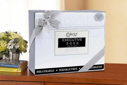  Superior Microfiber Wrinkle Resistant and Breathable Solid 2-Line Embroidery Deep Pocket Bed Sheet Set - White