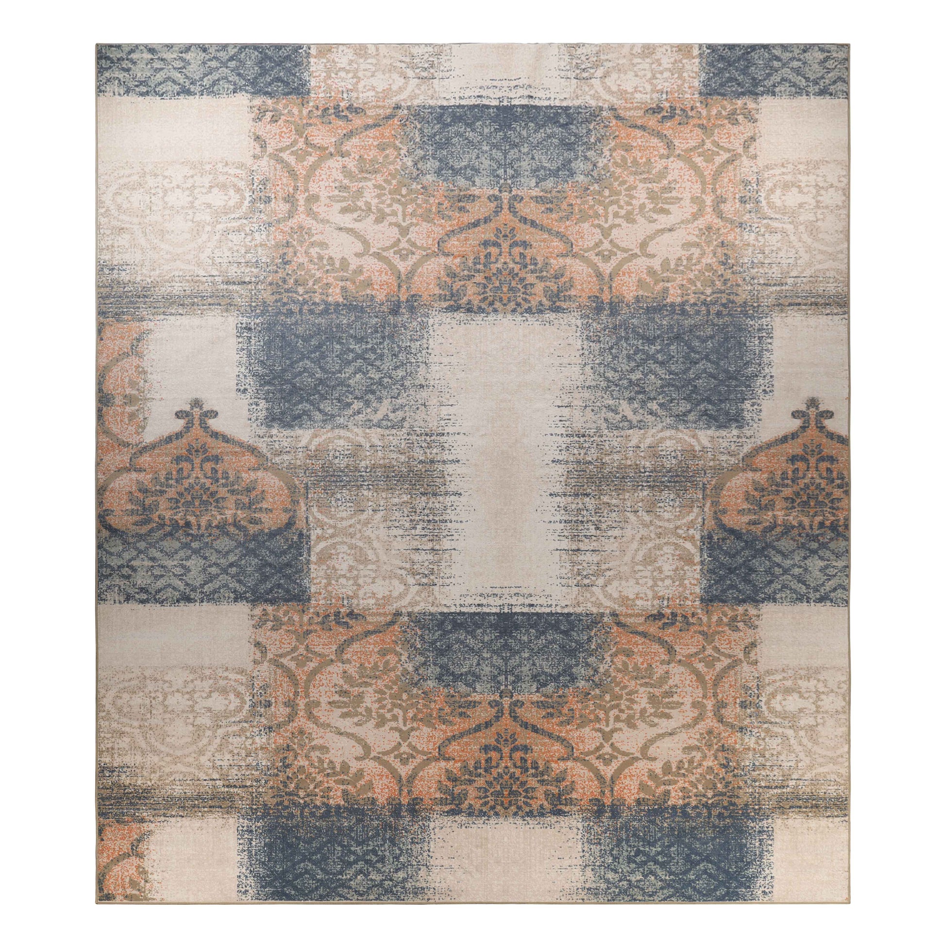 Bristol Distressed Abstract Damask Indoor Area Rug or Runner Rug - MidnightNavy-Salmon