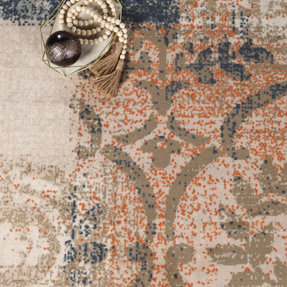 Bristol Distressed Abstract Damask Indoor Area Rug or Runner Rug - MidnightNavy-Salmon
