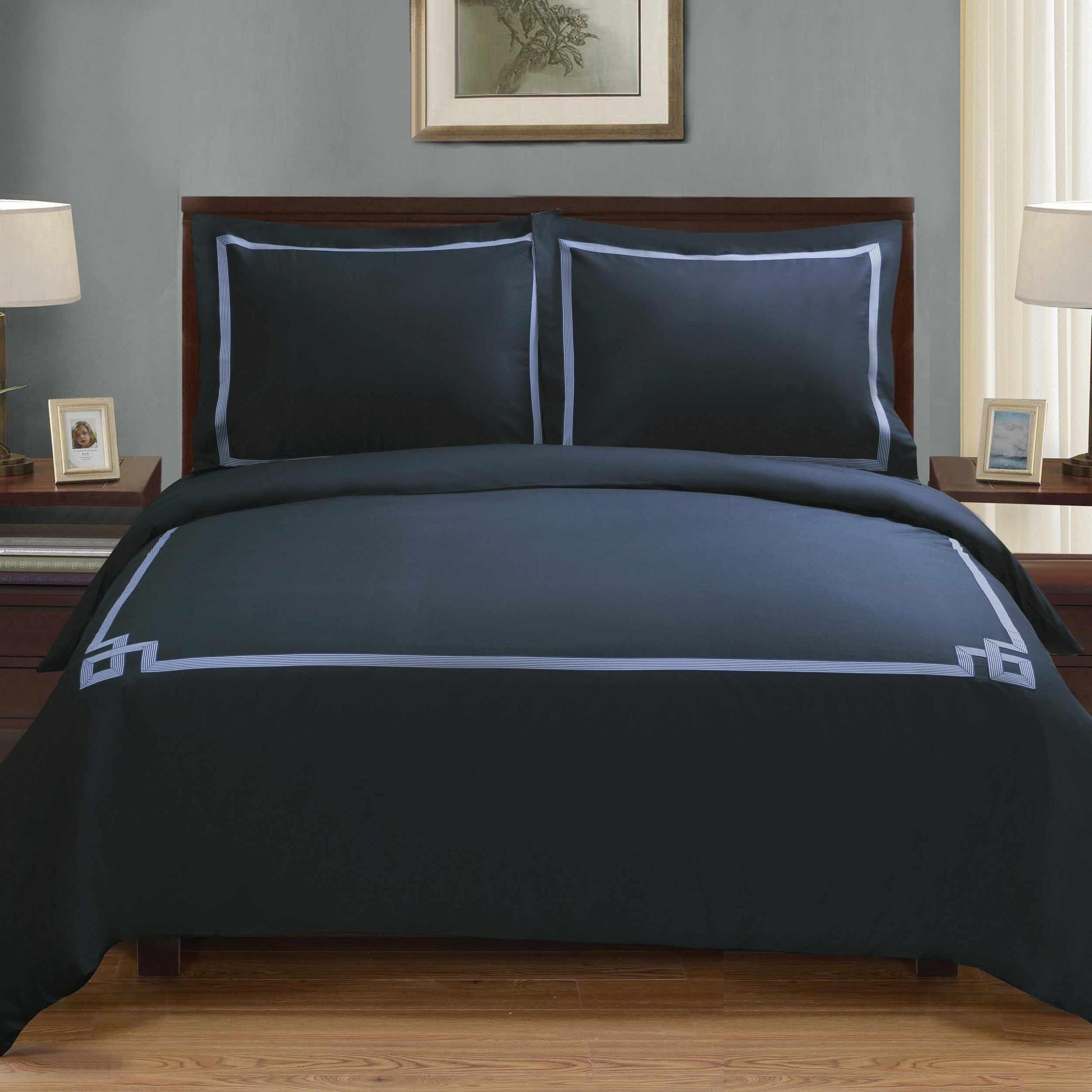 Superior Miller Embroidered Border Cotton Duvet Cover Set - Navy Blue - Navy Blue