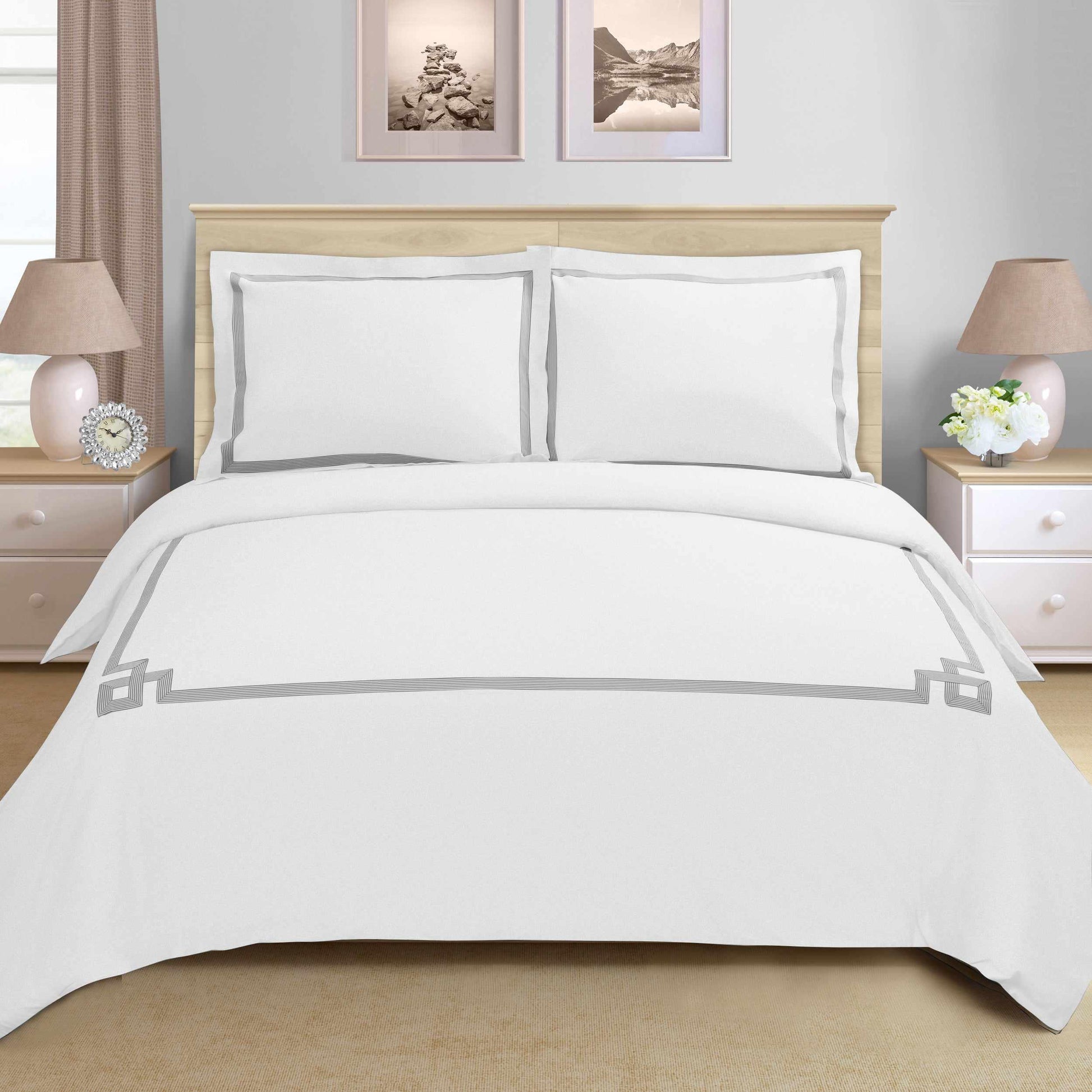Superior Miller Embroidered Border Cotton Duvet Cover Set - White/Grey