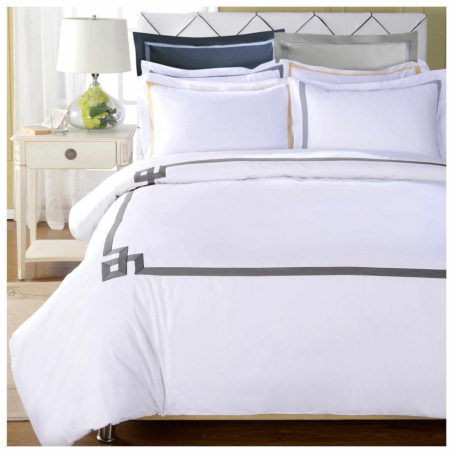 Superior Miller Embroidered Border Cotton Duvet Cover Set - White/Grey