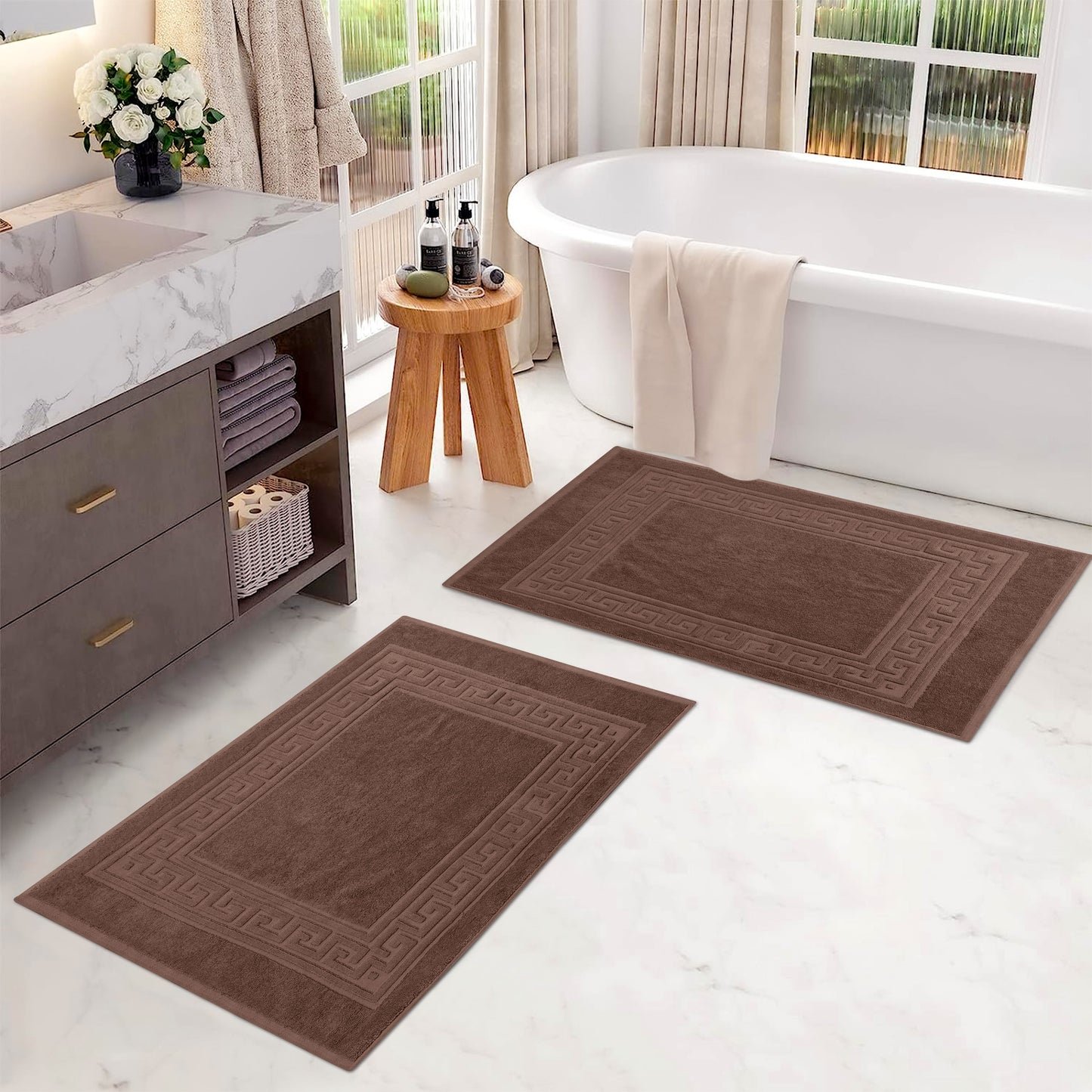 100% Cotton Highly-Absorbent Greek Key Border Solid 2-Piece Bath Mat Set - Mocha