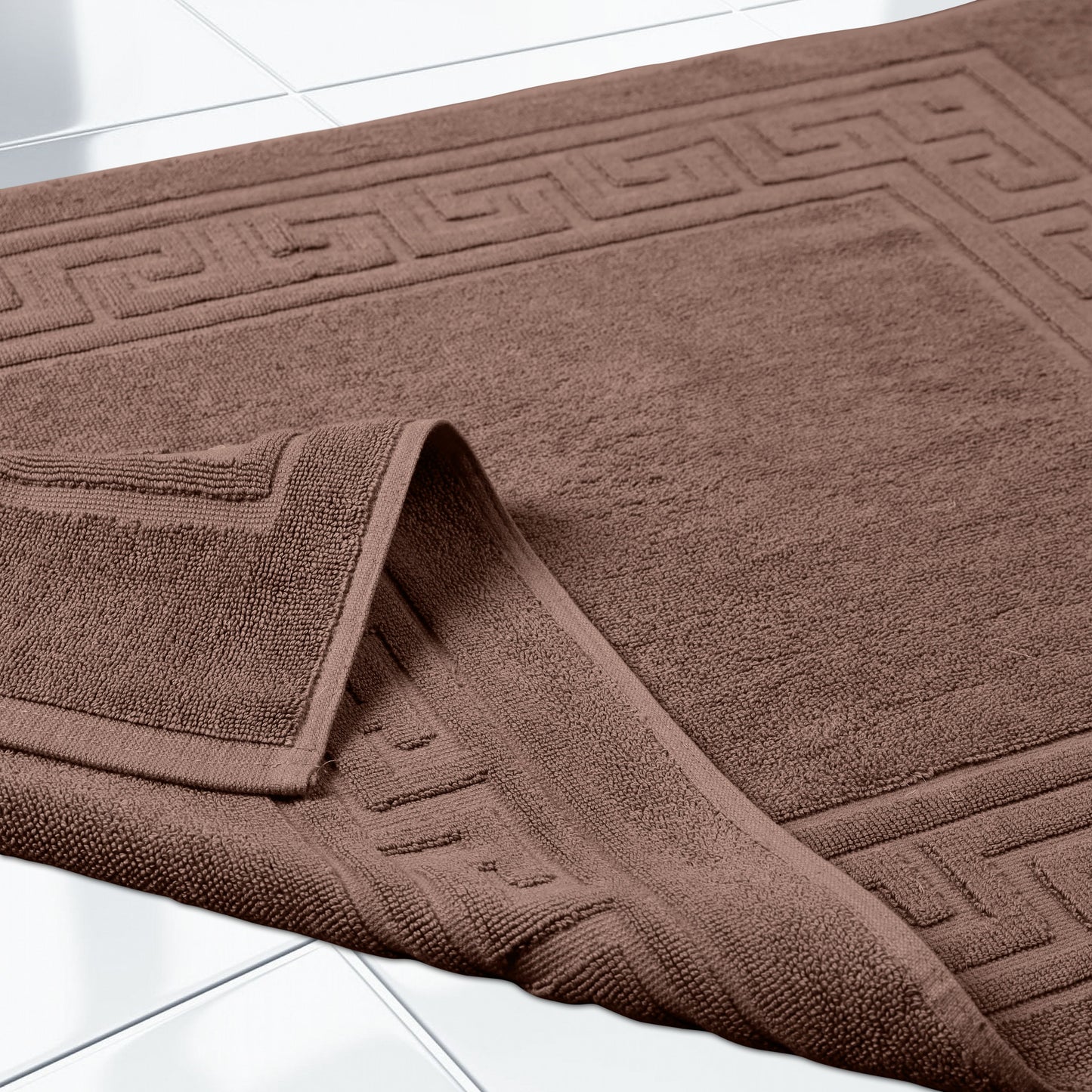 100% Cotton Highly-Absorbent Greek Key Border Solid 2-Piece Bath Mat Set - Mocha