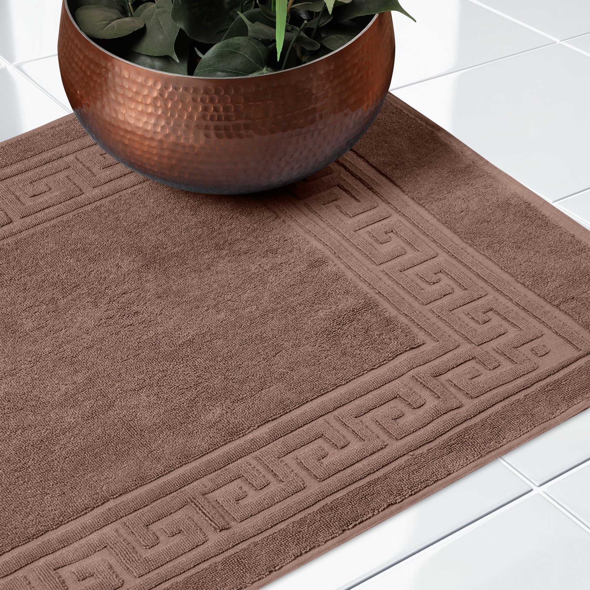 100% Cotton Highly-Absorbent Greek Key Border Solid 2-Piece Bath Mat Set - Mocha