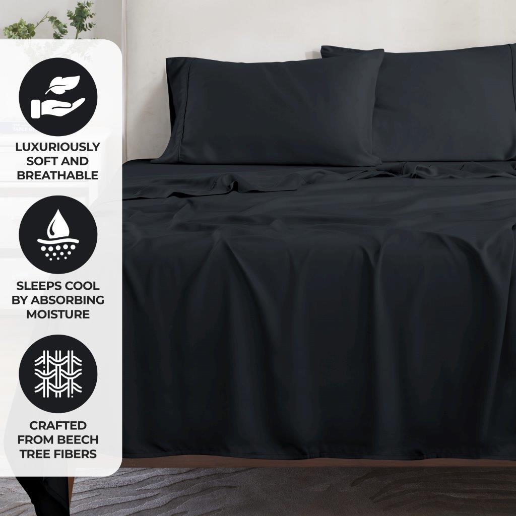 Modal From Beechwood 300 Thread Count Solid Deep Pocket Bed Sheet Set - Black