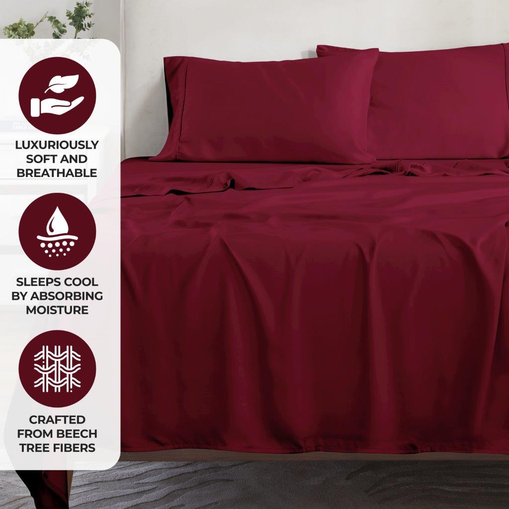 Modal From Beechwood 300 Thread Count Solid Deep Pocket Bed Sheet Set - Burgundy