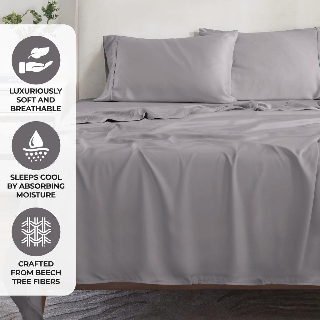 Modal From Beechwood 300 Thread Count Solid Deep Pocket Bed Sheet Set - Grey