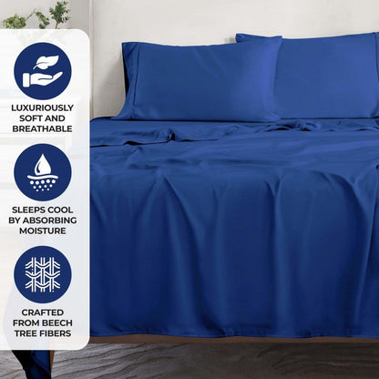 Modal From Beechwood 300 Thread Count Solid Deep Pocket Bed Sheet Set - Navy Blue
