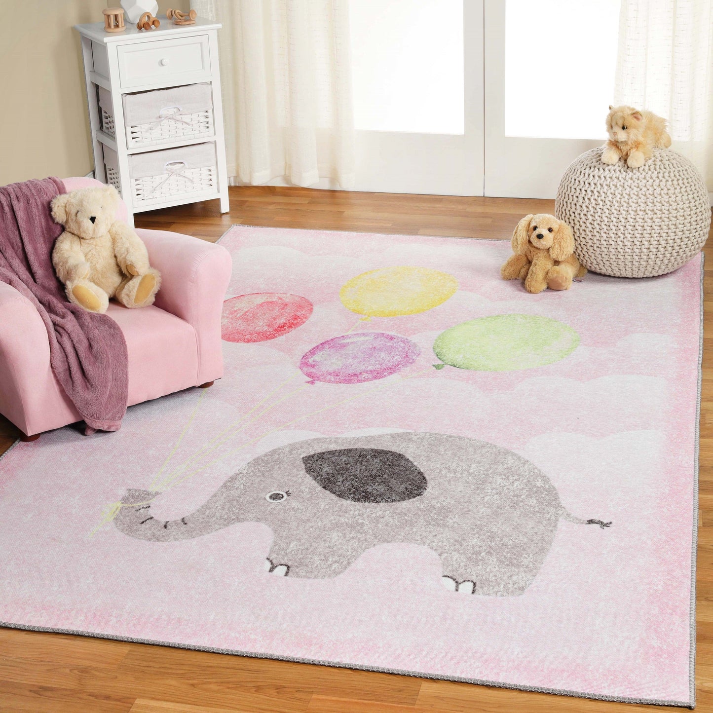 Superior Nursery Elephant Flatweave Indoor Area Rug - Soft Pink