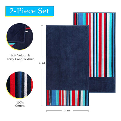 Superior Nautical Stripe Cotton Oversized Beach Towel Set - Blue