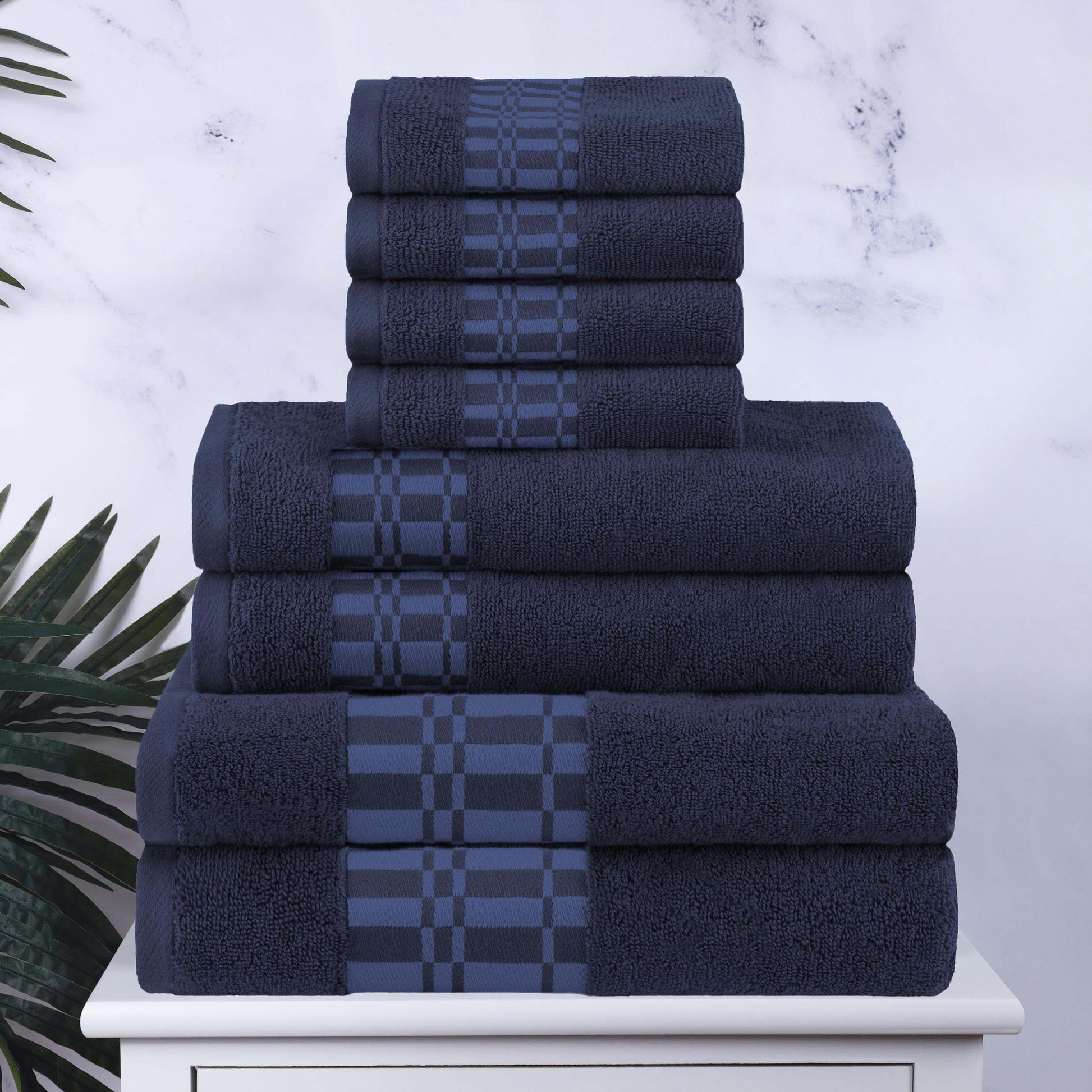 Larissa Cotton Geometric Border 8 Piece Assorted Towel Set - NavyBlue