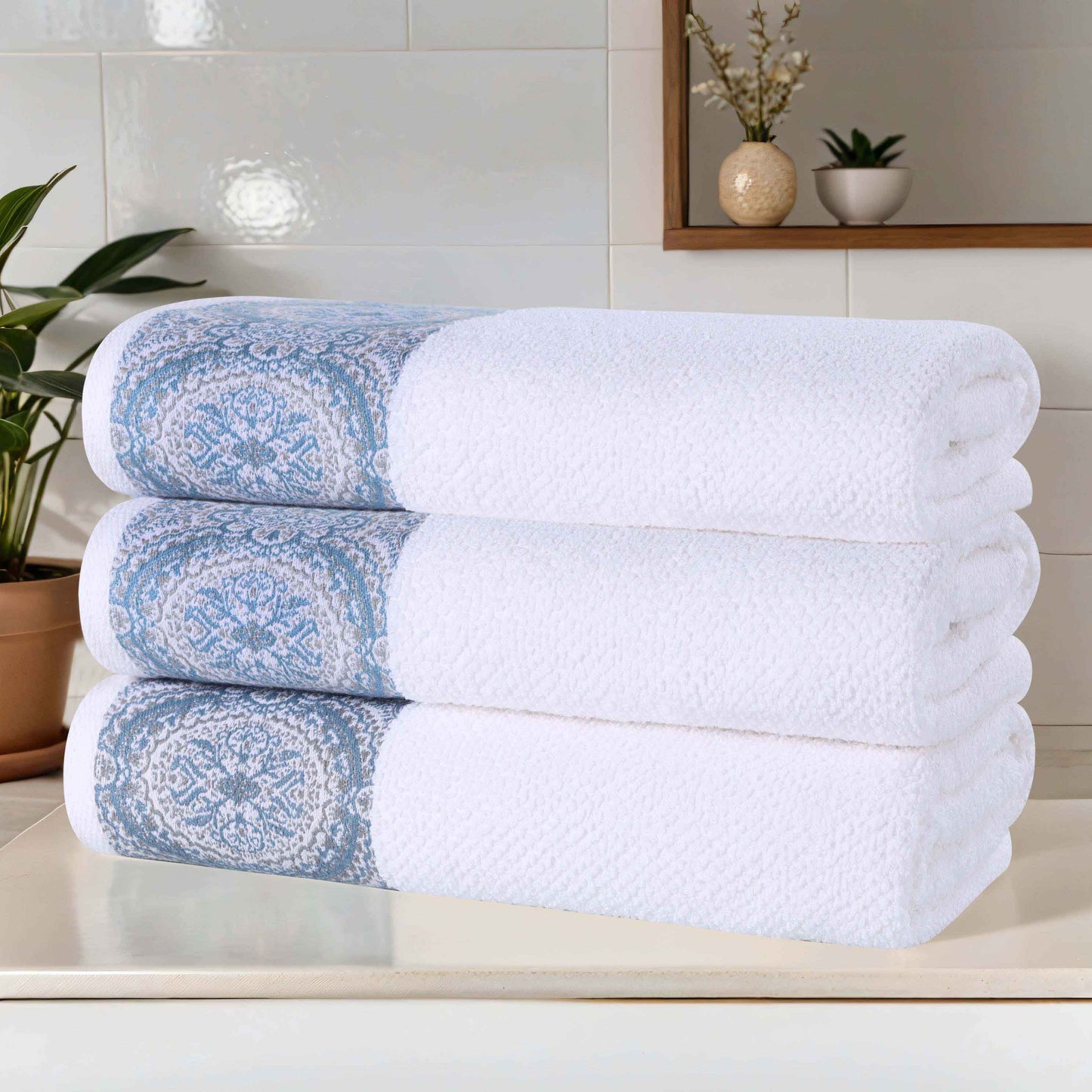 Medallion Cotton Jacquard Textured Soft Absorbent Bath Towel Set of 3 - NavyBlue