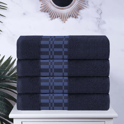 Larissa Cotton Geometric Border Bath Towel Set of 4 - NavyBlue