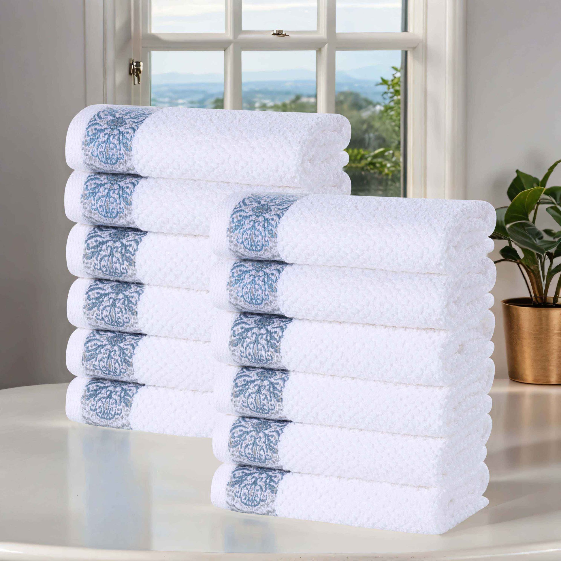 Medallion Cotton Jacquard Textured Face Towels/ Washcloths, Set of 12 - NavyBlue