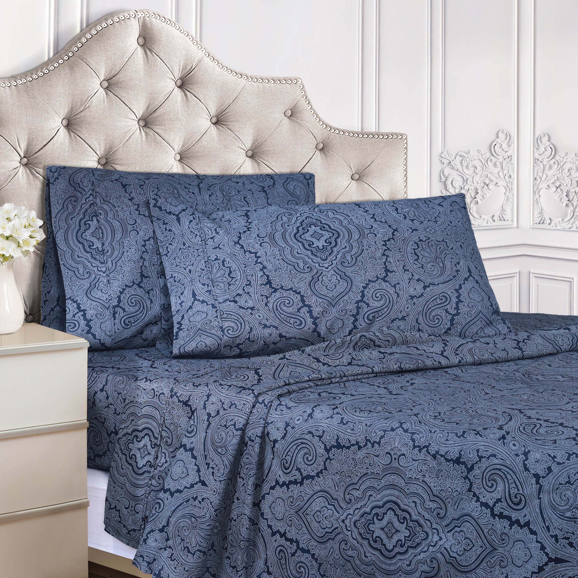 Italian Paisley 600 Thread Count Cotton Blend Deep Pocket Sheet Set - NavyBlue