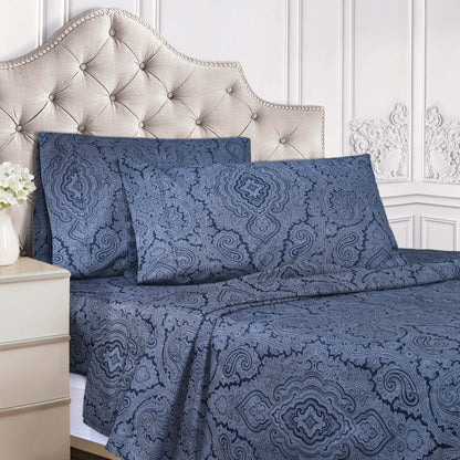 Italian Paisley 600 Thread Count Cotton Blend Deep Pocket Sheet Set - NavyBlue