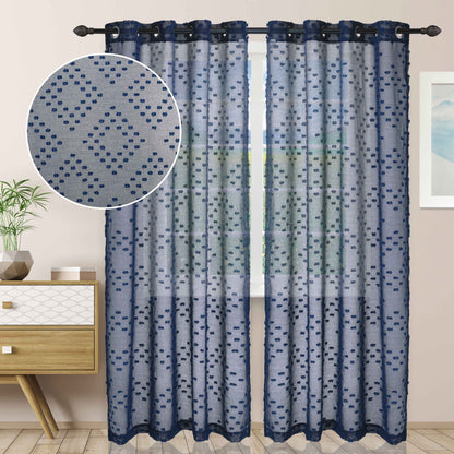  Sheer Poppy Floral Modern Textured Grommet Curtain Panels Set of 2 - NavyBlue