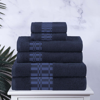 Larissa Cotton Geometric Border 6 Piece Assorted Towel Set - NavyBlue