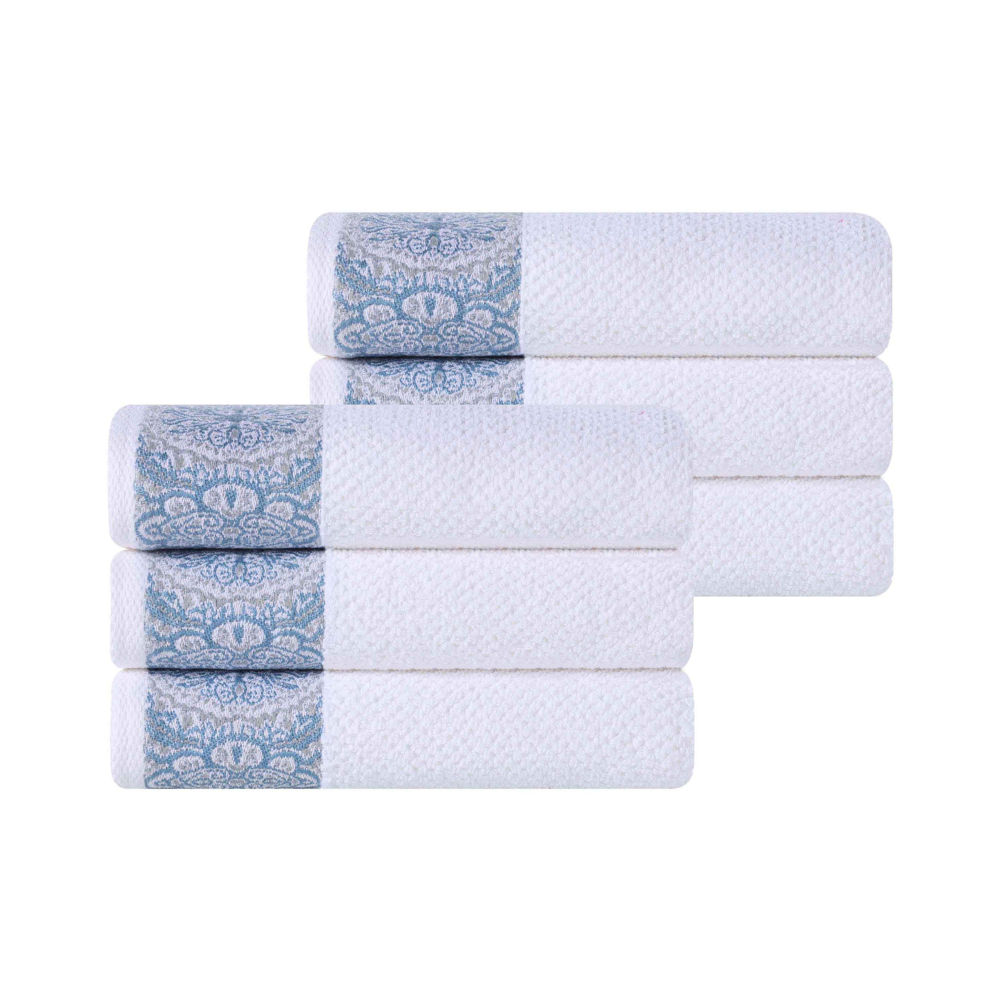 Medallion Cotton Jacquard Textured Soft Absorbent Hand Towel Set of 6 - NavyBlue