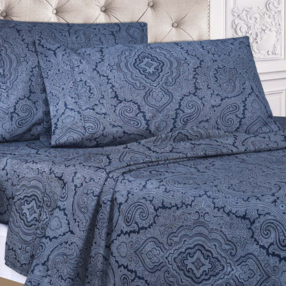 Italian Paisley 600 Thread Count Cotton Blend Deep Pocket Sheet Set - NavyBlue